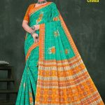 Florence Chokda Cotton Saree with Green and Orange Color and Artistic Design