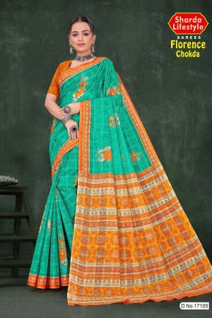 Florence Chokda Cotton Saree with Green and Orange Color and Artistic Design