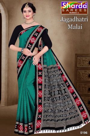 Jagadhatri Malai Cotton Saree with Ivory, Green, and Black Premium Design