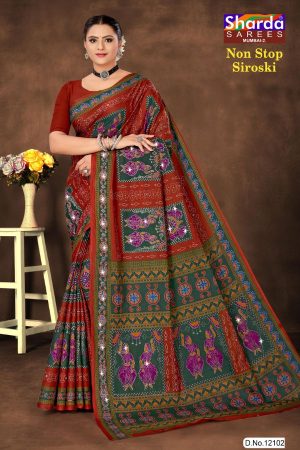 Non Stop Siroski cotton saree in red and dark green with accent design