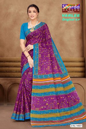 Purple and blue Varlee BP cotton saree with human design accent