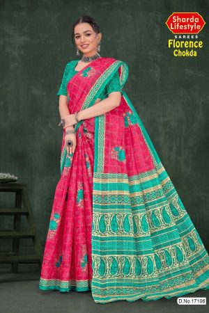 Florence Chokda Cotton Saree with Pink and Green Color and Artistic Design