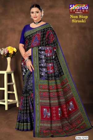 Non Stop Siroski cotton saree in red and dark blue with accent design