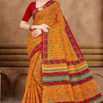 Orange and red Varlee BP cotton saree with human design accent