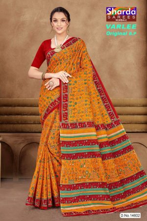 Orange and red Varlee BP cotton saree with human design accent