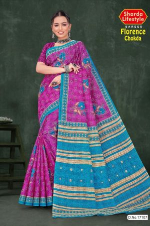 Florence Chokda Cotton Saree with Purple and Blue Color and Artistic Design