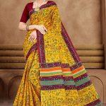 Yellow and maroon Varlee BP cotton saree with human design accent