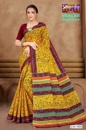 Yellow and maroon Varlee BP cotton saree with human design accent