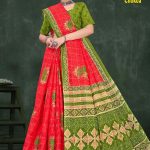 Florence Chokda Cotton Saree with Peach Red and Light Green Color and Artistic Design