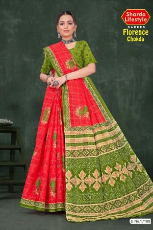 Florence Chokda Cotton Saree with Peach Red and Light Green Color and Artistic Design