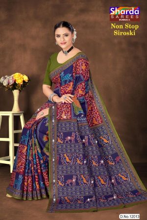 Non Stop Siroski cotton saree in navy blue and dark red with accent design