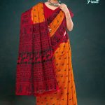 Orange and red seasonal fruit cotton saree with accent design