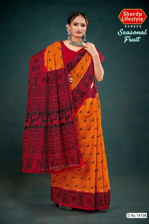 Orange and red seasonal fruit cotton saree with accent design