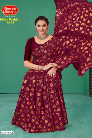 Milan Fashion Vol.02 cotton saree in magenta and copper with floral design