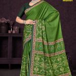 Golden Taj Mahal Cotton Saree in Green and Cream Color