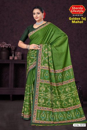 Golden Taj Mahal Cotton Saree in Green and Cream Color