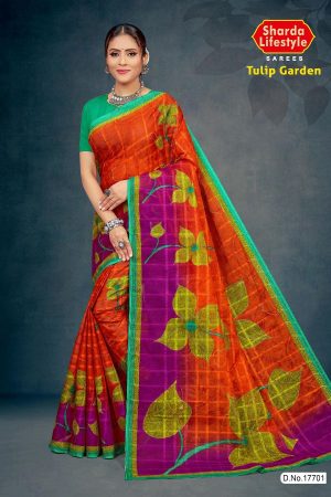 Tulip Garden Cotton Saree with Orange and Purple with Flower Design