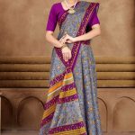 Grey and purple Varlee BP cotton saree with human design accent