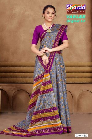 Grey and purple Varlee BP cotton saree with human design accent