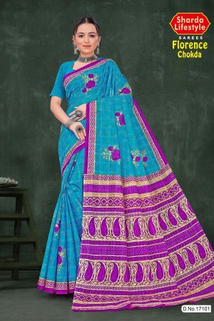 Florence Chokda Cotton Saree with Blue and Royal Purple Color and Artistic Design