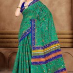 Green and blue Varlee BP cotton saree with human design accent