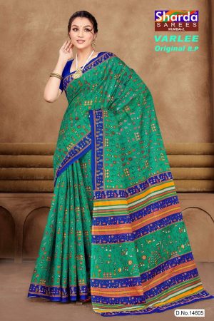 Green and blue Varlee BP cotton saree with human design accent