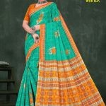 Flower World with B.P Cotton Saree with Light Green and Orange Color and Fabulous Design