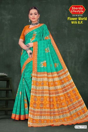 Flower World with B.P Cotton Saree with Light Green and Orange Color and Fabulous Design