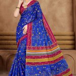 Blue and red Varlee BP cotton saree with human design accents