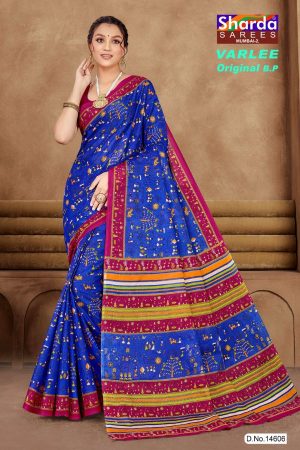 Blue and red Varlee BP cotton saree with human design accents