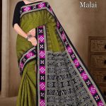 Jagadhatri Malai Cotton Saree with Mehndi, Black, and Magenta Premium Design