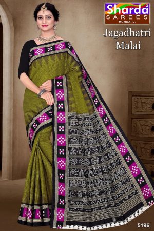 Jagadhatri Malai Cotton Saree with Mehndi, Black, and Magenta Premium Design