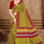 Mehndi green and red Varlee BP cotton saree with human design accents