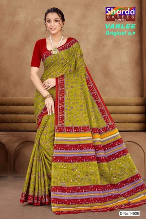 Mehndi green and red Varlee BP cotton saree with human design accents