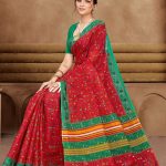 Red and green Varlee BP cotton saree with human design accent