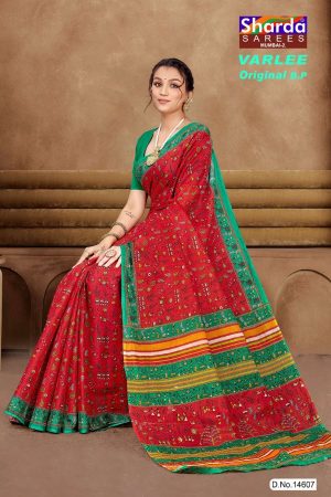 Red and green Varlee BP cotton saree with human design accent