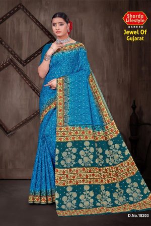 Jewel of Gujarat Cotton Saree with Blue and Golden Super Design