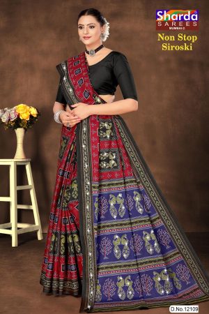 Non Stop Siroski cotton saree in red and black with accent design