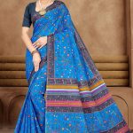 Blue and grey Varlee BP cotton saree with human design accents