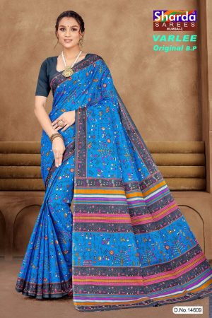 Blue and grey Varlee BP cotton saree with human design accents