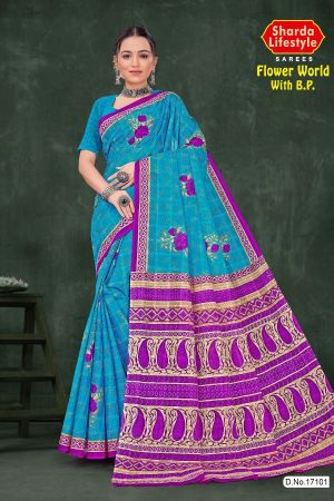 Flower World with B.P Cotton Saree with Blue and Royal Purple Color and Fabulous Design