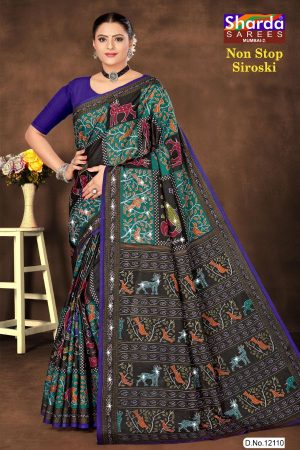 Non Stop Siroski cotton saree in peacock green and black with accent design