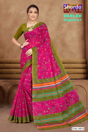 Pink and chutney Varlee BP cotton saree with human design accents