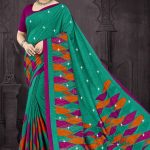 Moha Maya Siroski cotton saree in peacock green, purple, and orange with a simple design