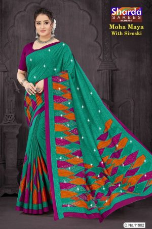 Moha Maya Siroski cotton saree in peacock green, purple, and orange with a simple design