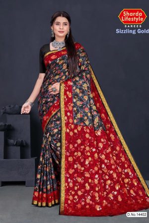 Sizzling Gold cotton saree in grey and red with flower and leaves design