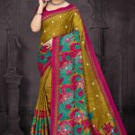 Moha Maya Siroski cotton saree in dull yellow, purple, and peacock green with a simple design