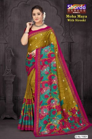 Moha Maya Siroski cotton saree in dull yellow, purple, and peacock green with a simple design