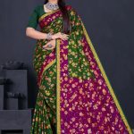 Sizzling Gold cotton saree in dark green and dark pink with floral and leaves design