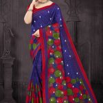 Moha Maya Siroski cotton saree in dark blue, red, and chutney green with a simple design